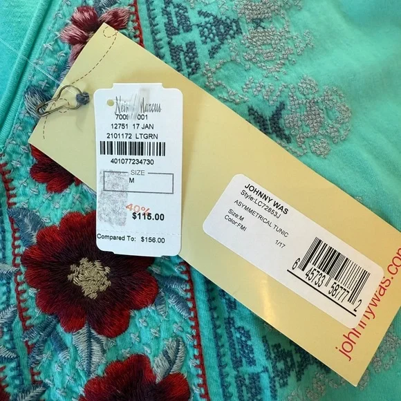 New with tags, Johnny Was Aqua Floral Embroidered Tunic - Picture 5 of 5